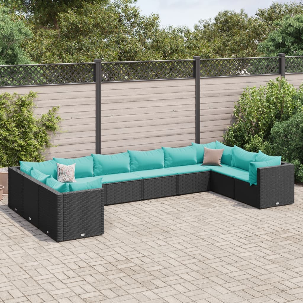 Set Salotto da Giardino 10pz con Cuscini in Polyrattan Nero | homemem39