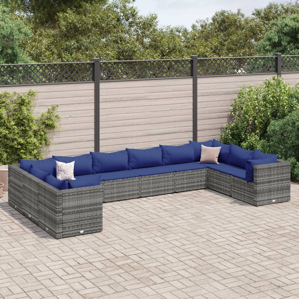 Set Divani da Giardino 10 pz con Cuscini in Polyrattan Grigio | homemem39