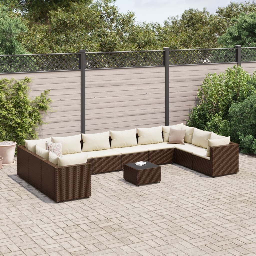 Set Divani da Giardino 11 pz con Cuscini in Polyrattan Marrone | homemem39