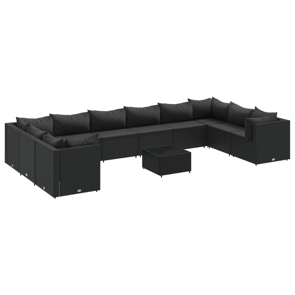 Set Mobili da Giardino 11 pz con Cuscini in Polyrattan Nero