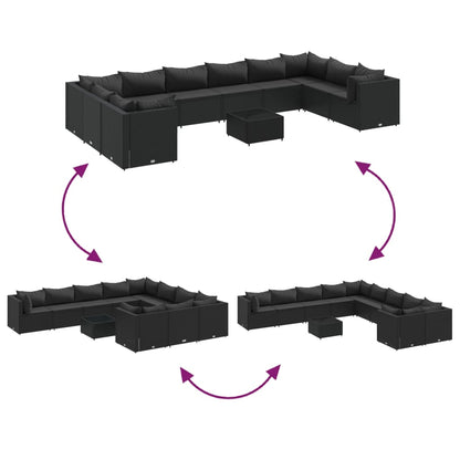 Set Mobili da Giardino 11 pz con Cuscini in Polyrattan Nero