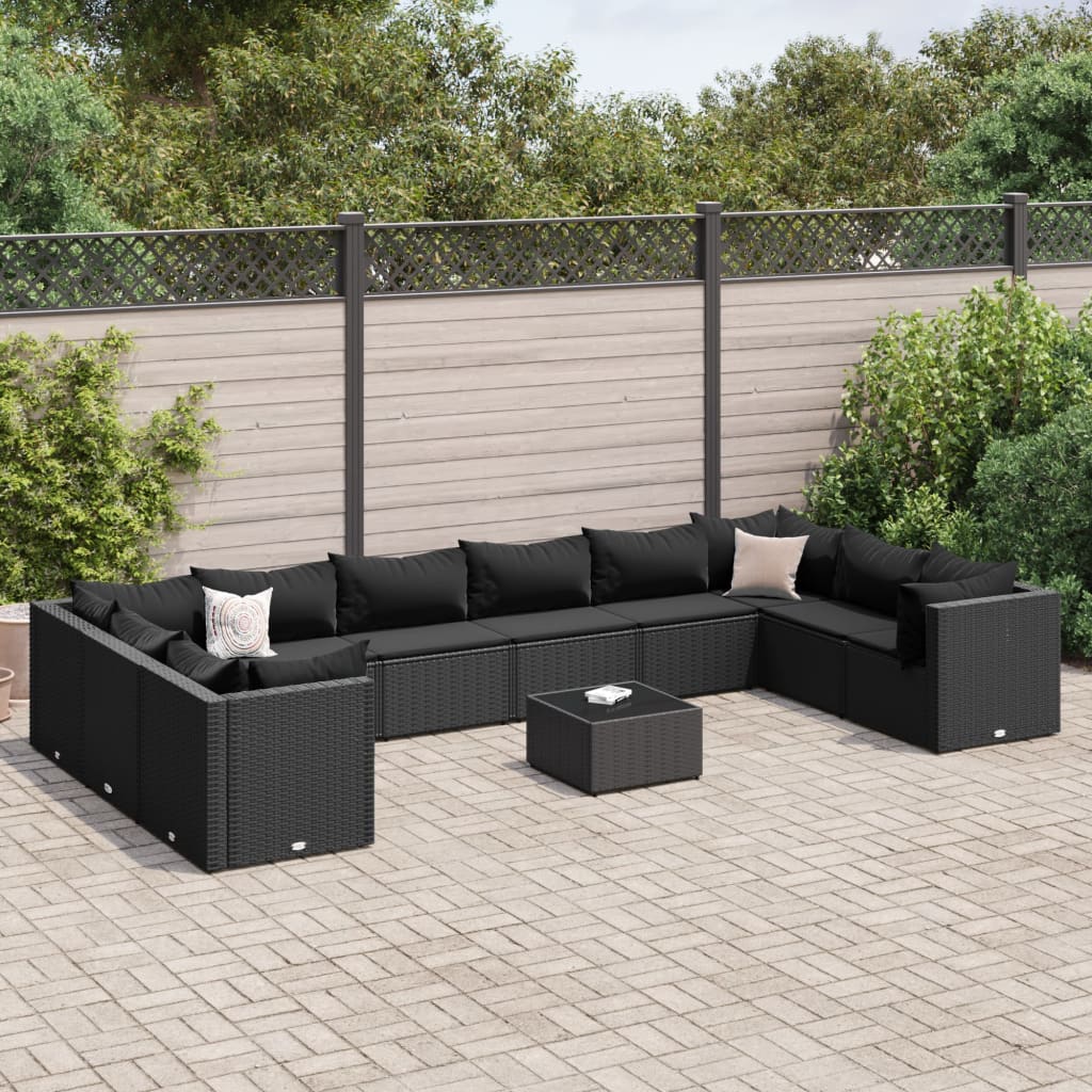 Set Mobili da Giardino 11 pz con Cuscini in Polyrattan Nero