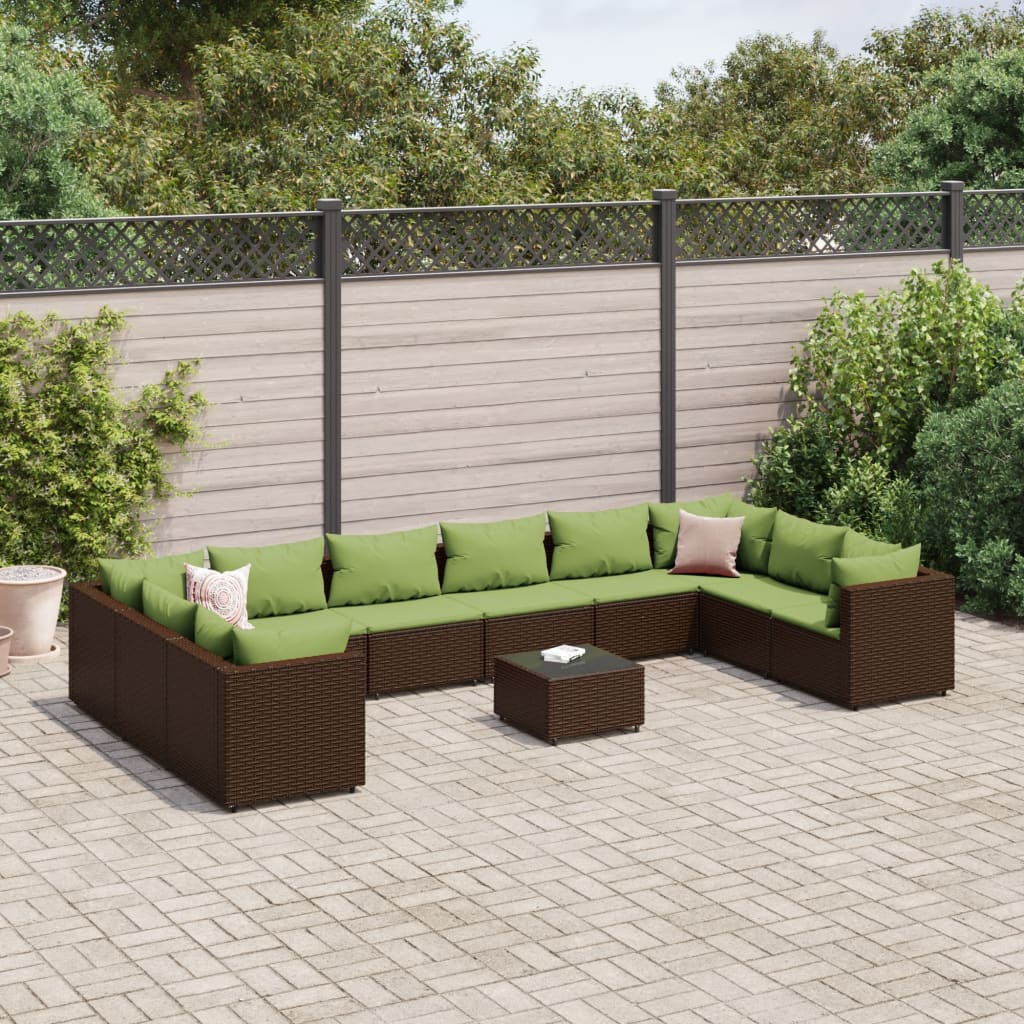 Set Divani da Giardino 11 pz con Cuscini in Polyrattan Marrone | homemem39