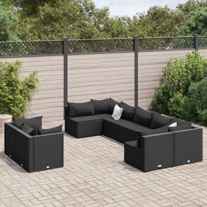 Set Divani da Giardino 9 pz con Cuscini Nero in Polyrattan