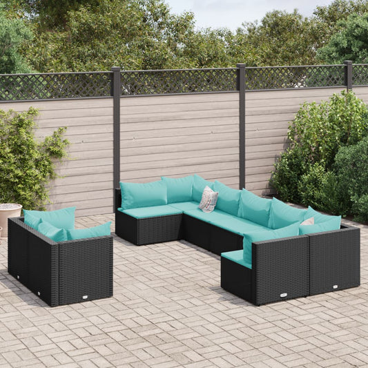 Set Divani da Giardino 9 pz con Cuscini Nero in Polyrattan - homemem39
