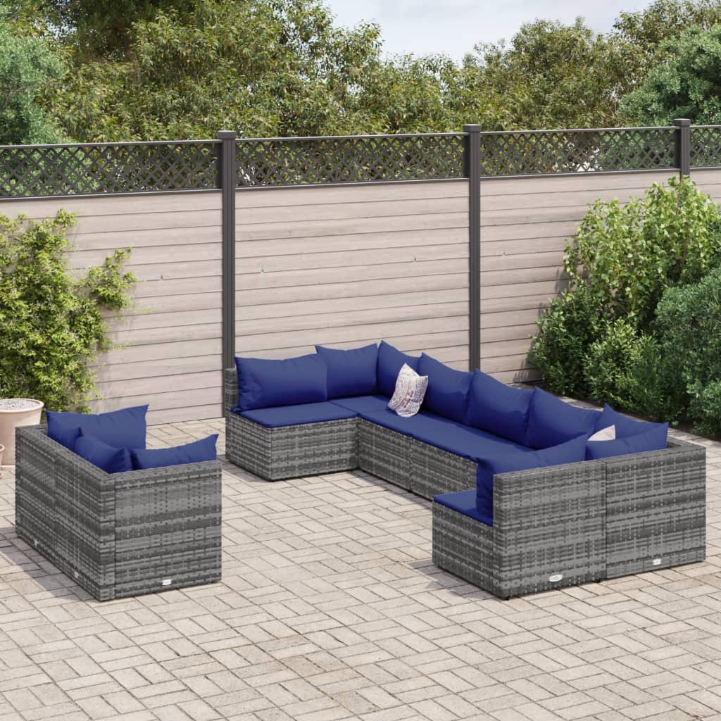 Set Divano da Giardino 9 pz con Cuscini Grigio in Polyrattan | homemem39