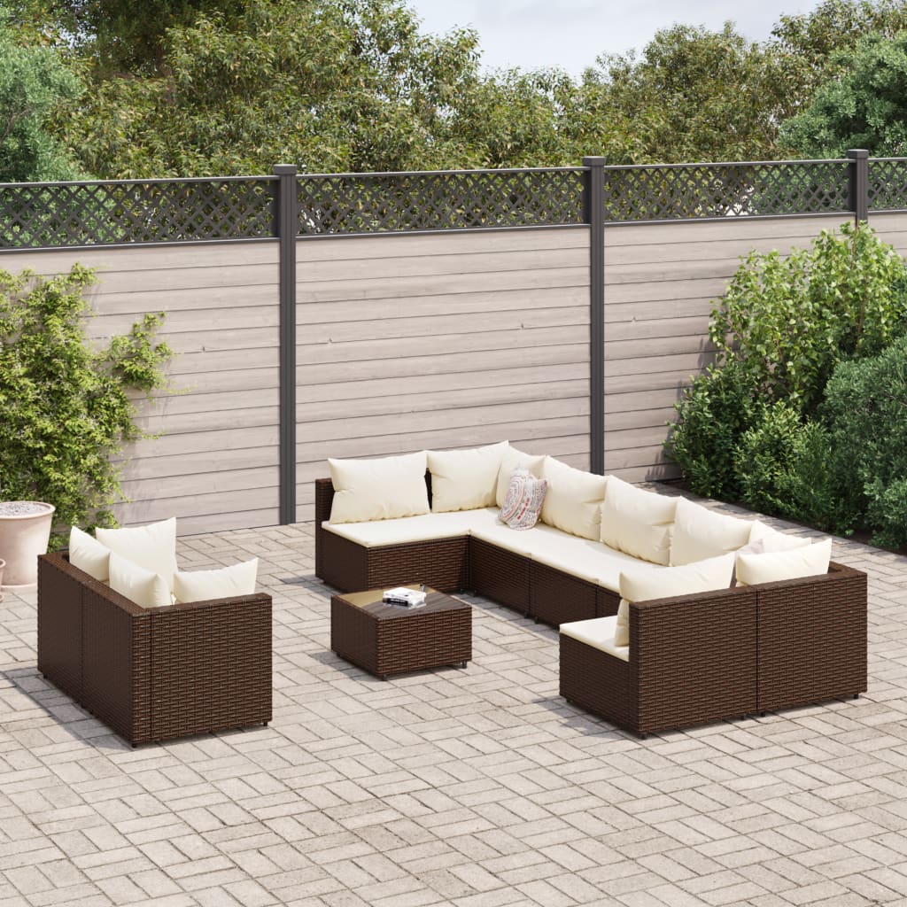 Set Divani da Giardino 10pz con Cuscini in Polyrattan Marrone | homemem39