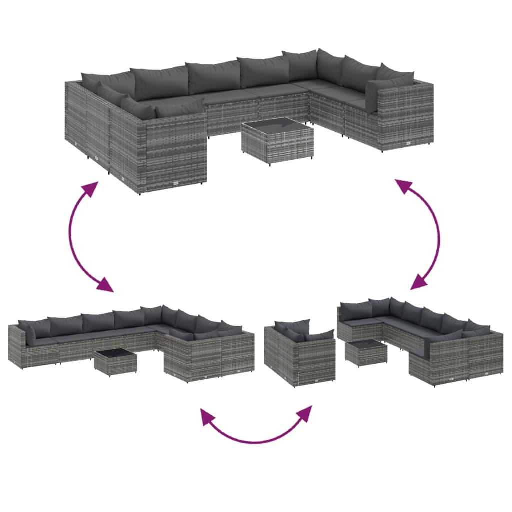 Set Divano da Giardino 10 pz con Cuscini Grigio in Polyrattan | homemem39