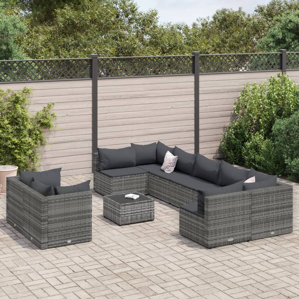 Set Divano da Giardino 10 pz con Cuscini Grigio in Polyrattan | homemem39
