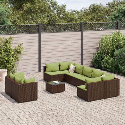 Set Divani da Giardino 10pz con Cuscini in Polyrattan Marrone | homemem39