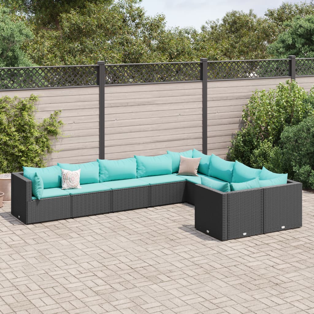 Set Divani da Giardino 9 pz con Cuscini Nero in Polyrattan - homemem39