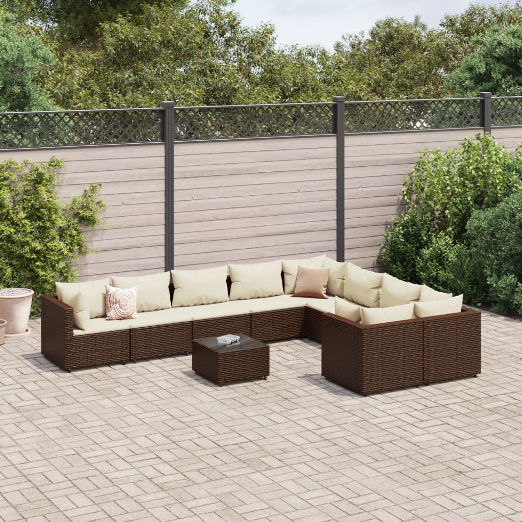 Set Divani da Giardino 10pz con Cuscini in Polyrattan Marrone | homemem39