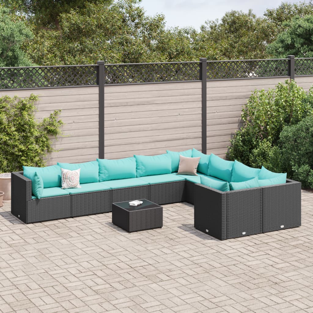 Set Divani da Giardino 10pz con Cuscini in Polyrattan Nero | homemem39