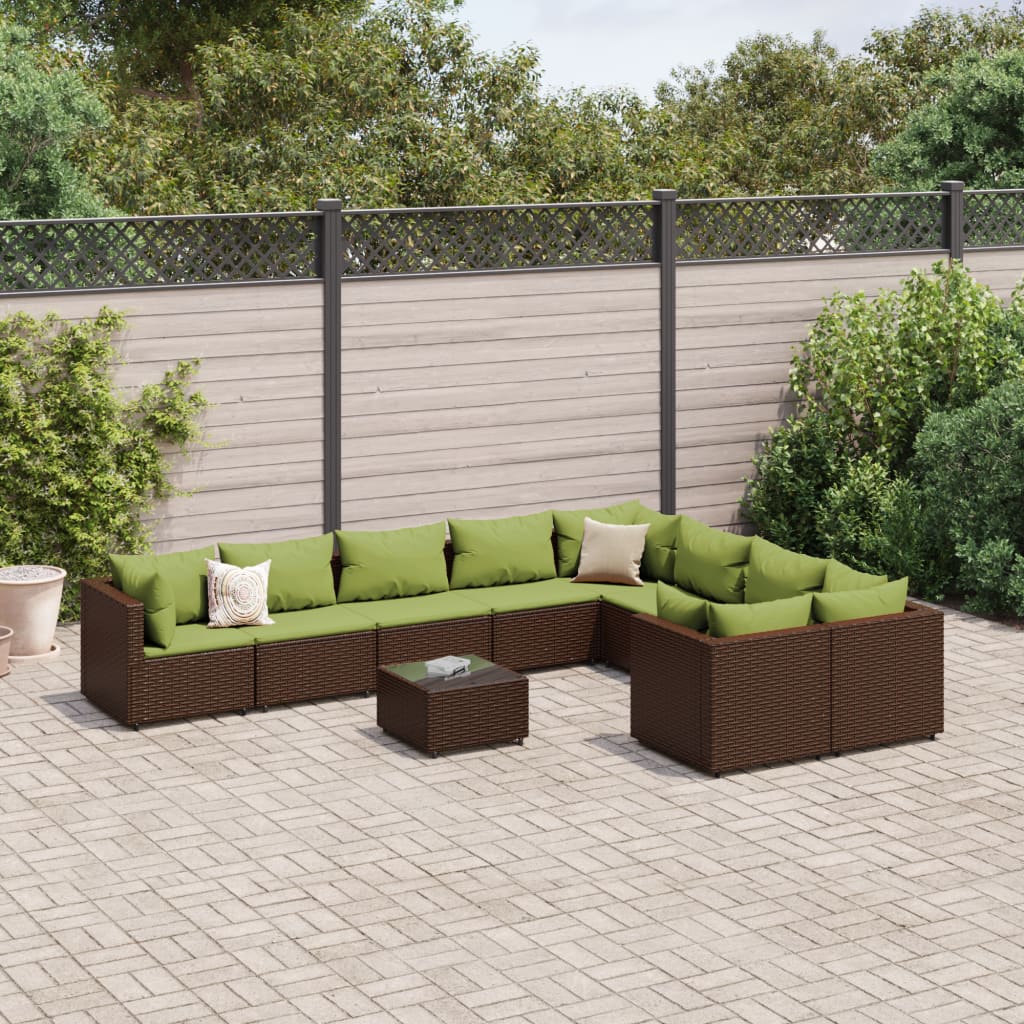 Set Divani da Giardino 10pz con Cuscini in Polyrattan Marrone | homemem39