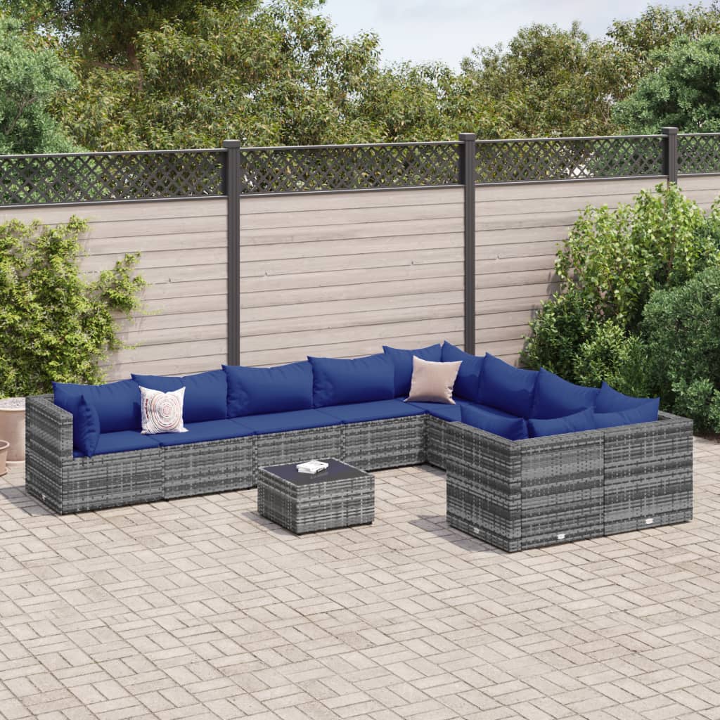 Set Divano da Giardino 10 pz con Cuscini Grigio in Polyrattan | homemem39
