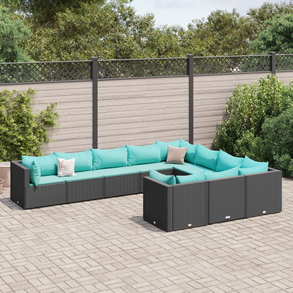 Set Divani da Giardino 10pz con Cuscini in Polyrattan Nero - homemem39