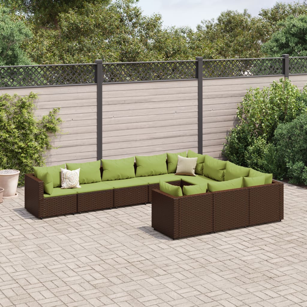 Set Divani da Giardino 10pz con Cuscini in Polyrattan Marrone | homemem39
