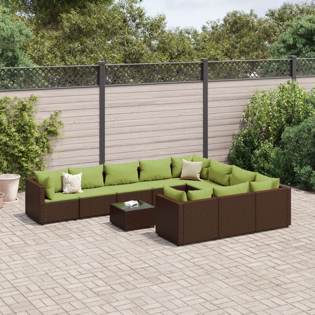 Set Divani da Giardino 11 pz con Cuscini Polyrattan Marrone | homemem39