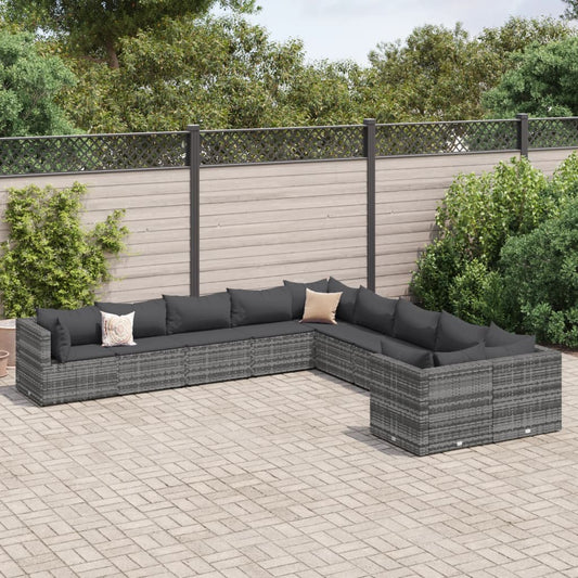 Set Divano da Giardino 10 pz con Cuscini Grigio in Polyrattan