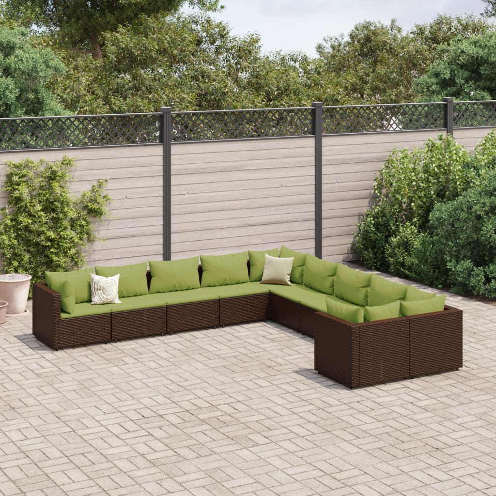 Set Divani da Giardino 10pz con Cuscini in Polyrattan Marrone | homemem39