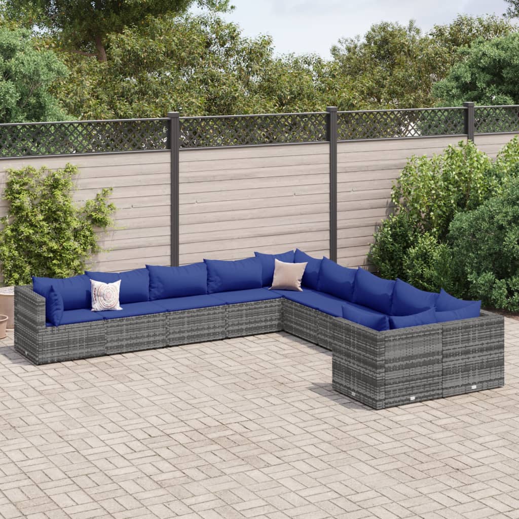 Set Divano da Giardino 10 pz con Cuscini Grigio in Polyrattan | homemem39