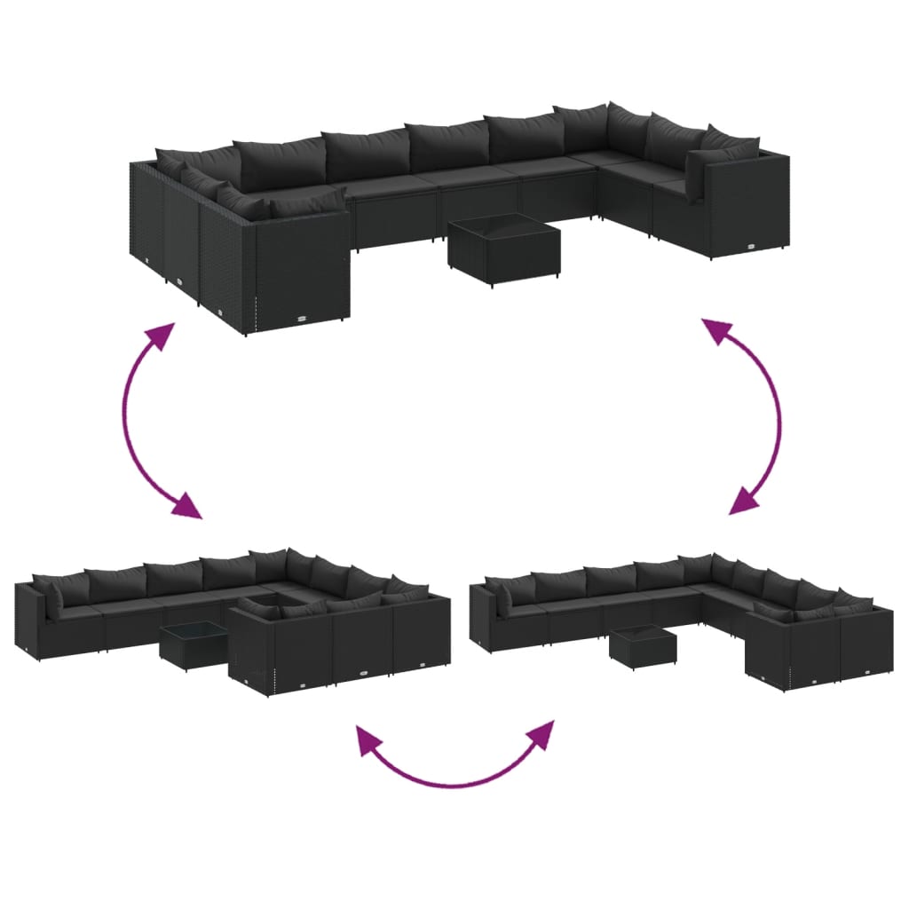 Set Divani da Giardino 11 pz con Cuscini in Polyrattan Nero - homemem39