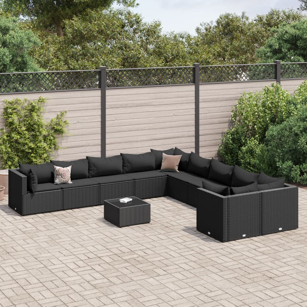Set Divani da Giardino 11 pz con Cuscini in Polyrattan Nero - homemem39