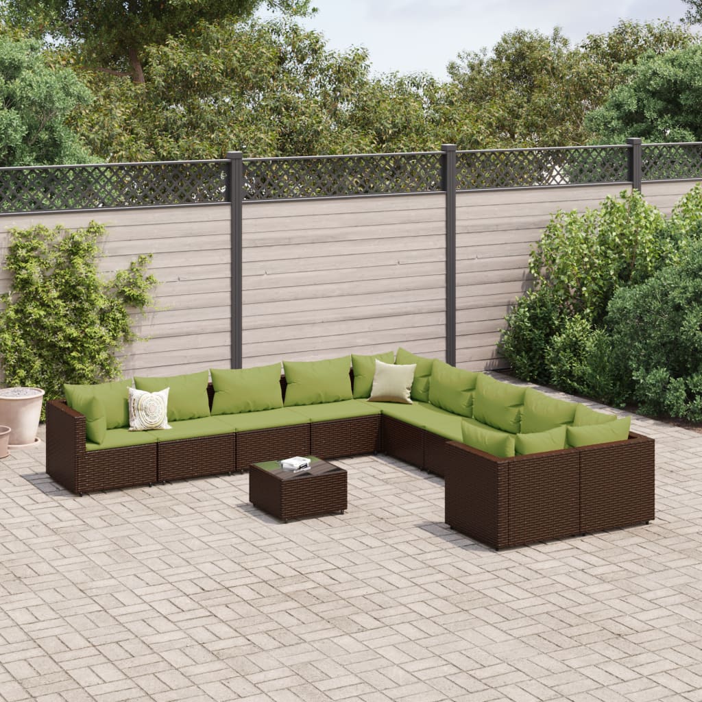 Set Divani da Giardino 11 pz con Cuscini Polyrattan Marrone | homemem39