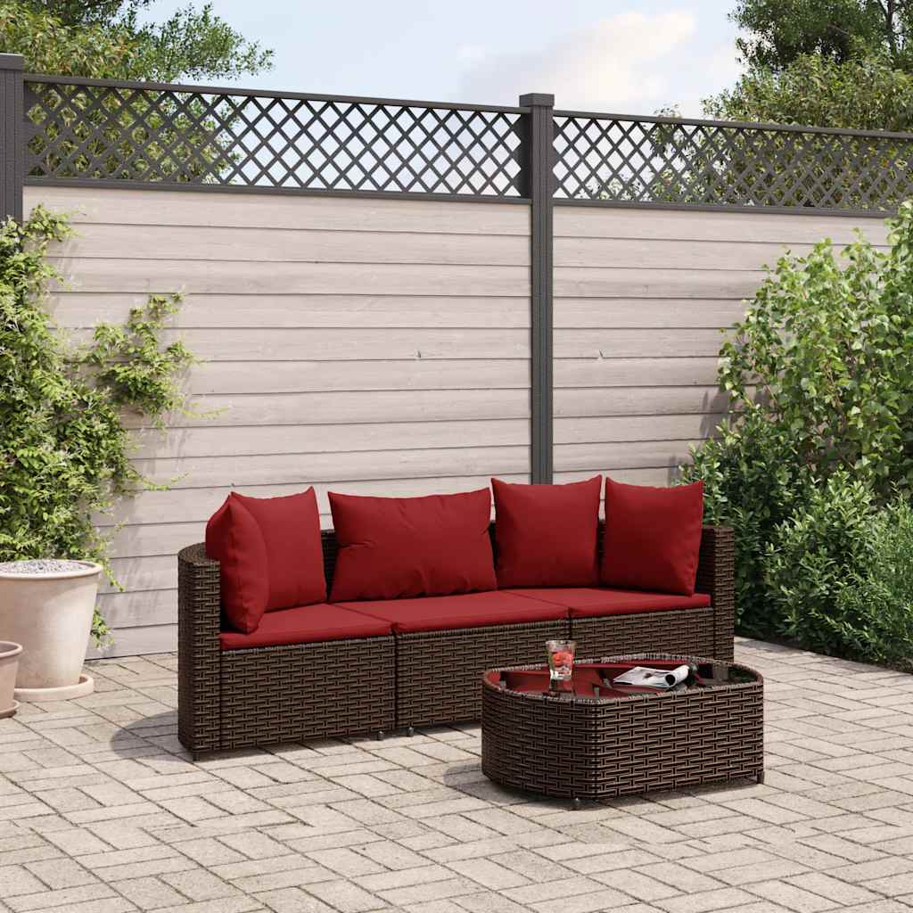 Set Divano da Giardino 4 pz con Cuscini Marrone in Polyrattan