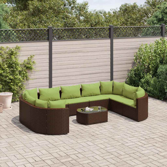 Set Divani da Giardino 10pz con Cuscini in Polyrattan Marrone