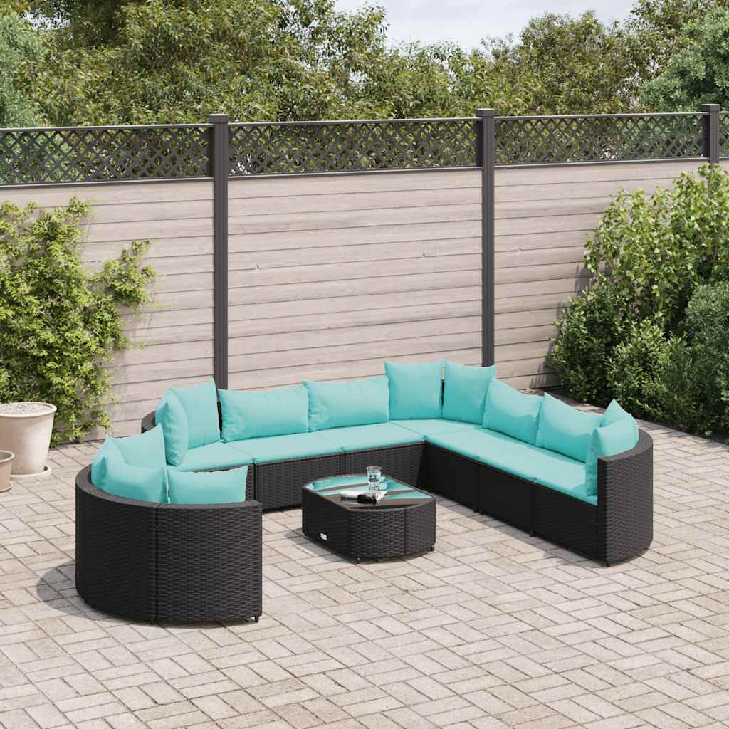 Set Divani da Giardino 10pz con Cuscini in Polyrattan Nero - homemem39