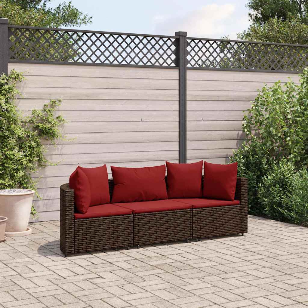 Set Divano da Giardino 3 pz con Cuscini Marrone in Polyrattan