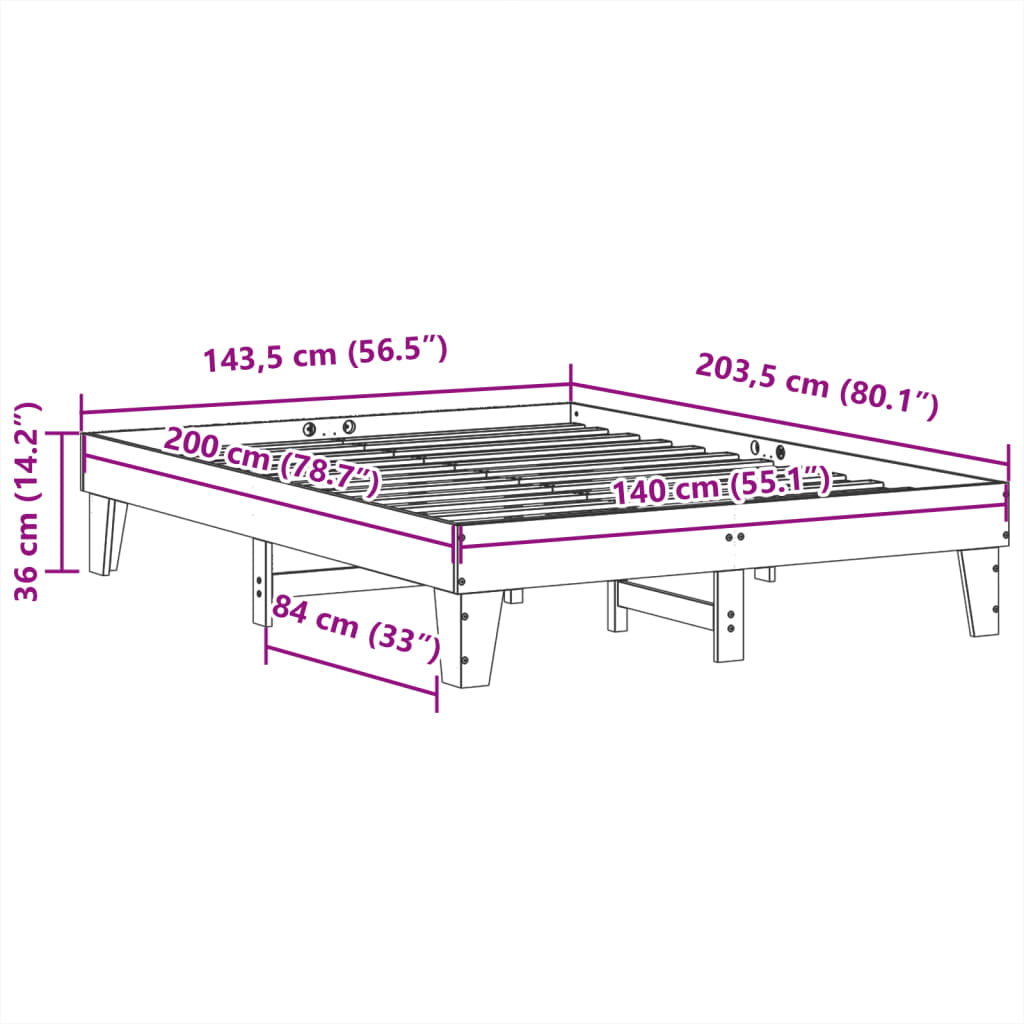 Letto senza Materasso 140x200 cm in Legno Massello di Pino | homemem39