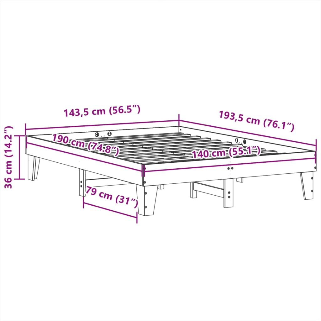 Letto senza Materasso Bianco 140x190 cm Legno Massello di Pino | homemem39