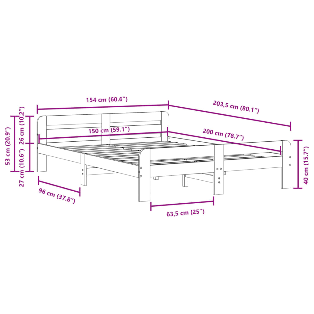 Letto senza Materasso Bianco 150x200 cm Legno Massello di Pino | homemem39