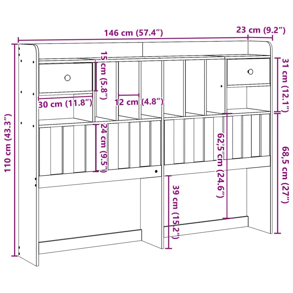 Testiera con Ripiani Marrone Cera 140 cm in Legno di Pino - homemem39