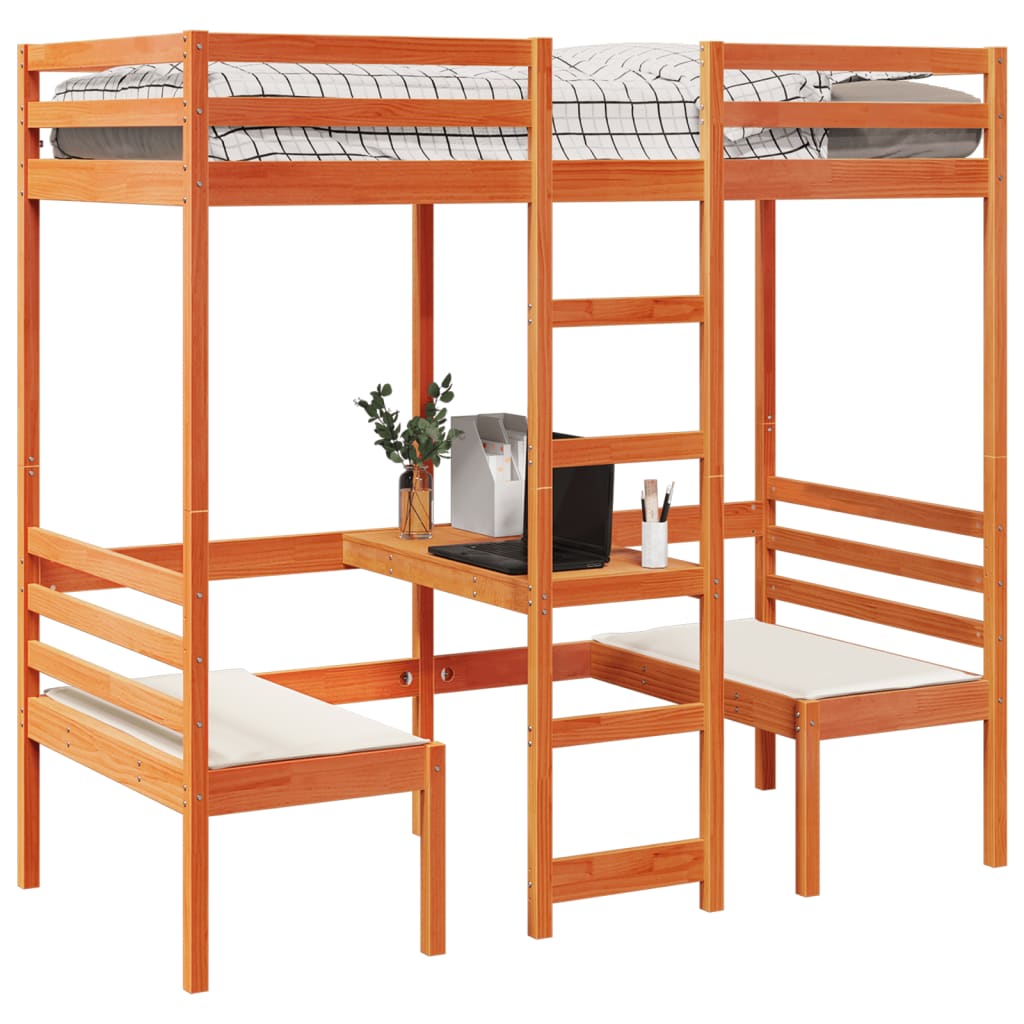 Giroletto Soppalco Scrivania e Sedie Marrone Cera 90x190cm Pino