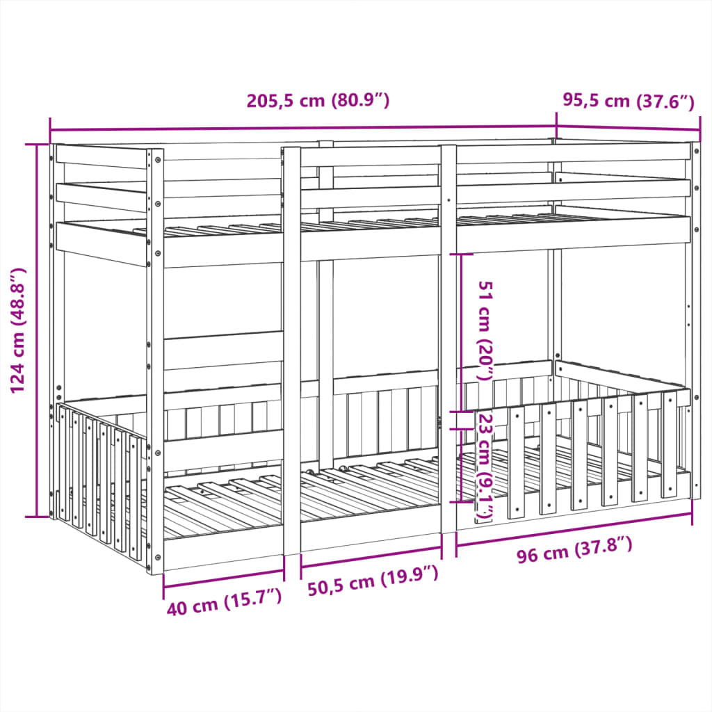 Letto a Castello Bianco 90x200 cm in Legno Massello di Pino | homemem39