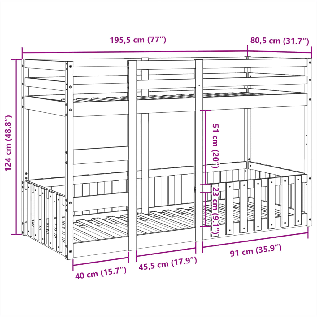 Letto a Castello 75x190 cm in Legno Massello di Pino