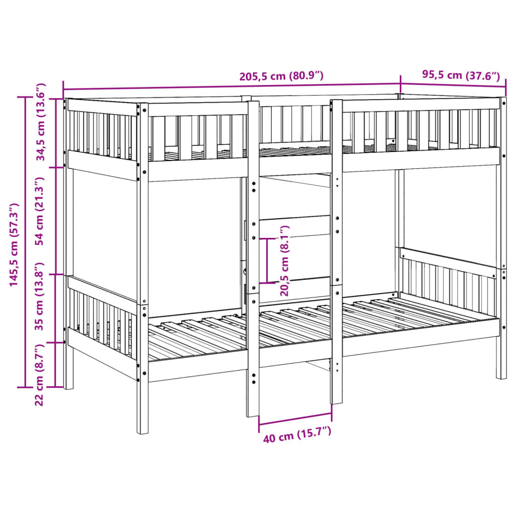 Letto a Castello Marrone Cera 90x200 cm in Legno di Pino | homemem39