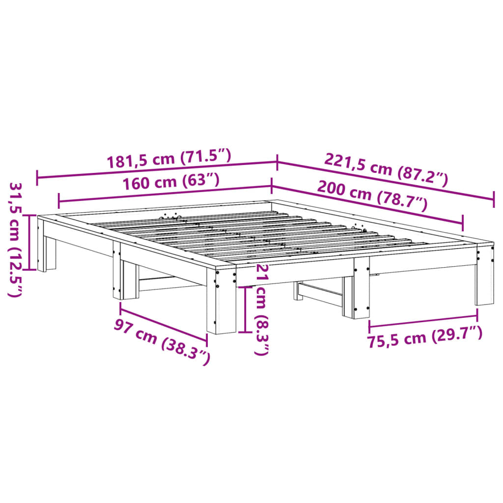 Letto senza Materasso Bianco 160x200 cm Legno Massello di Pino | homemem39