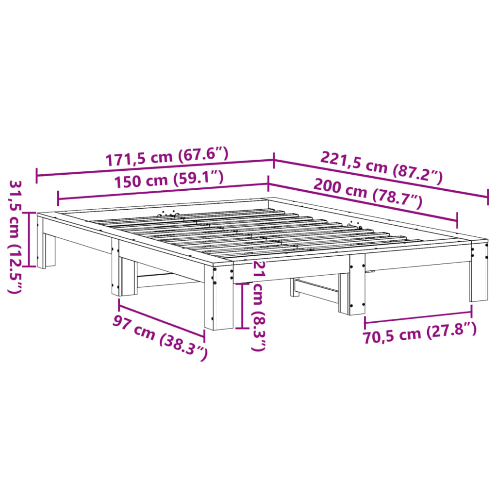 Letto senza Materasso 150x200 cm in Legno Massello di Pino | homemem39