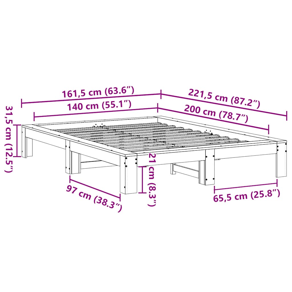 Letto senza Materasso 140x200 cm in Legno Massello di Pino | homemem39