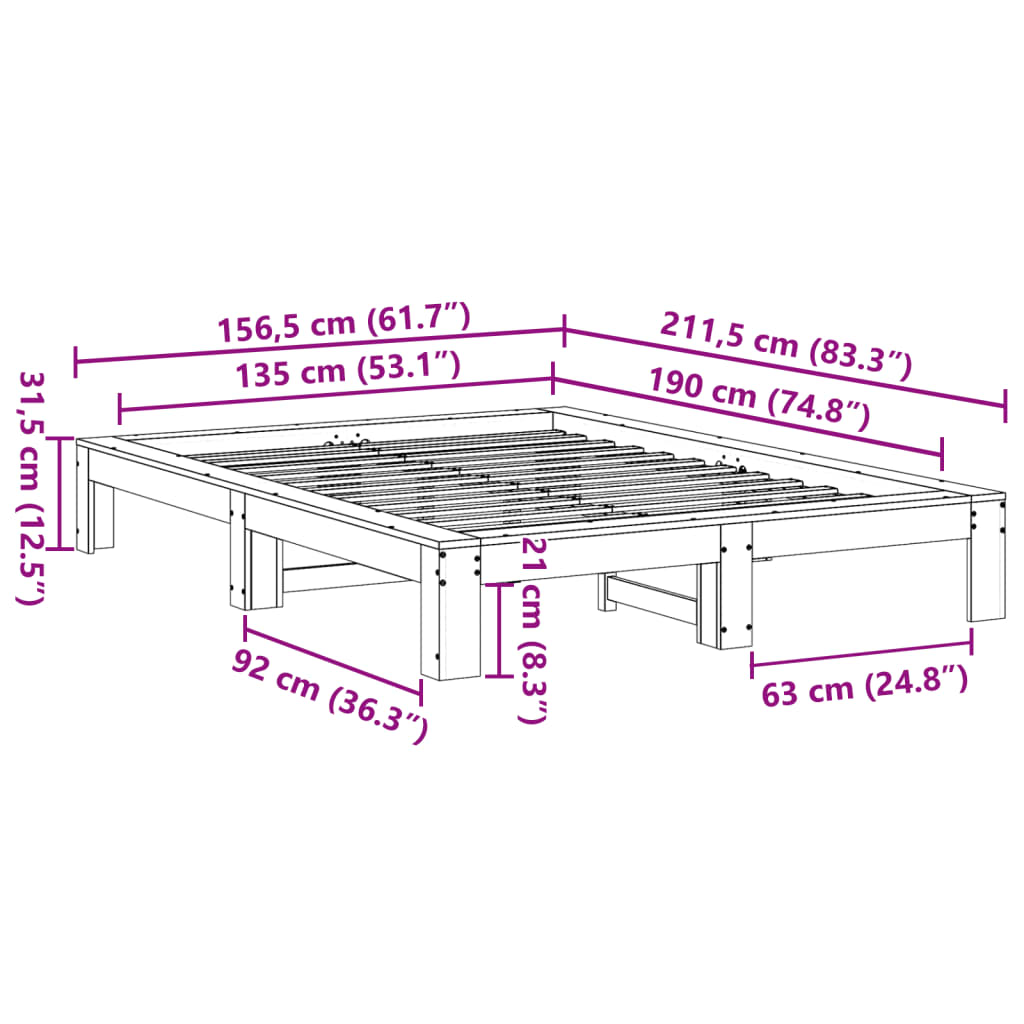 Letto senza Materasso Marrone Cera 135x190 cm in Legno di Pino | homemem39