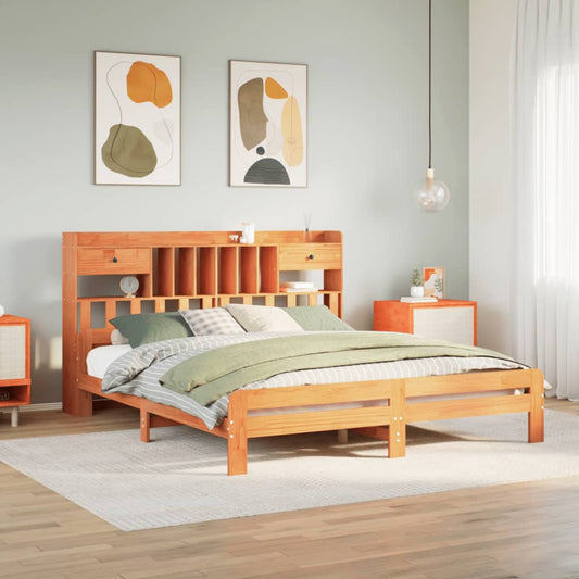 Letto Libreria senza Materasso Marrone Cera 200x200 cm in Pino - homemem39