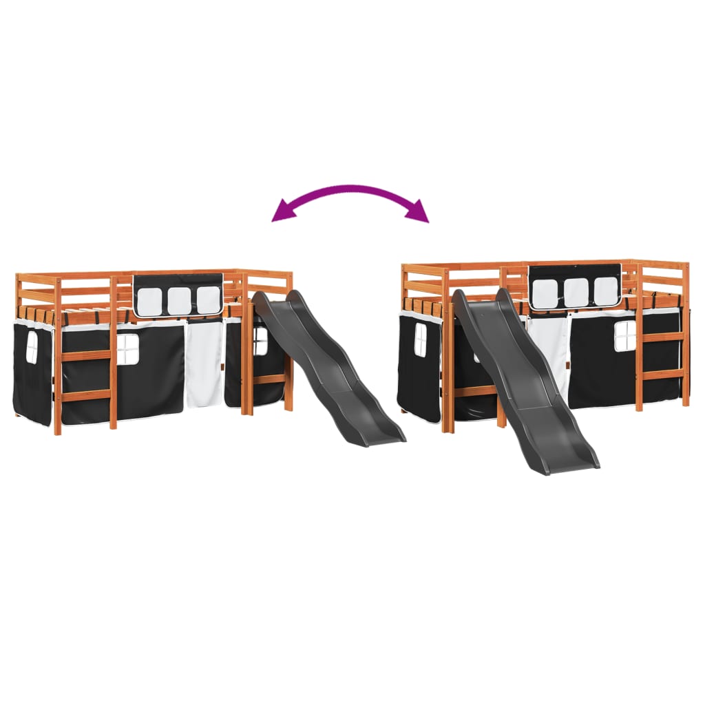 Letto a Soppalco con Tende Bambini Bianco e Nero 80x200 cm Pino