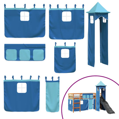 Letto a Soppalco con Torre Bambini Blu 80x200cm Massello Pino