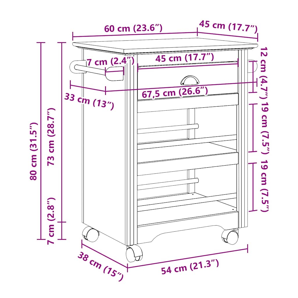 Carrello da Cucina BODO Bianco e Marrone 67,5x45x80 cm