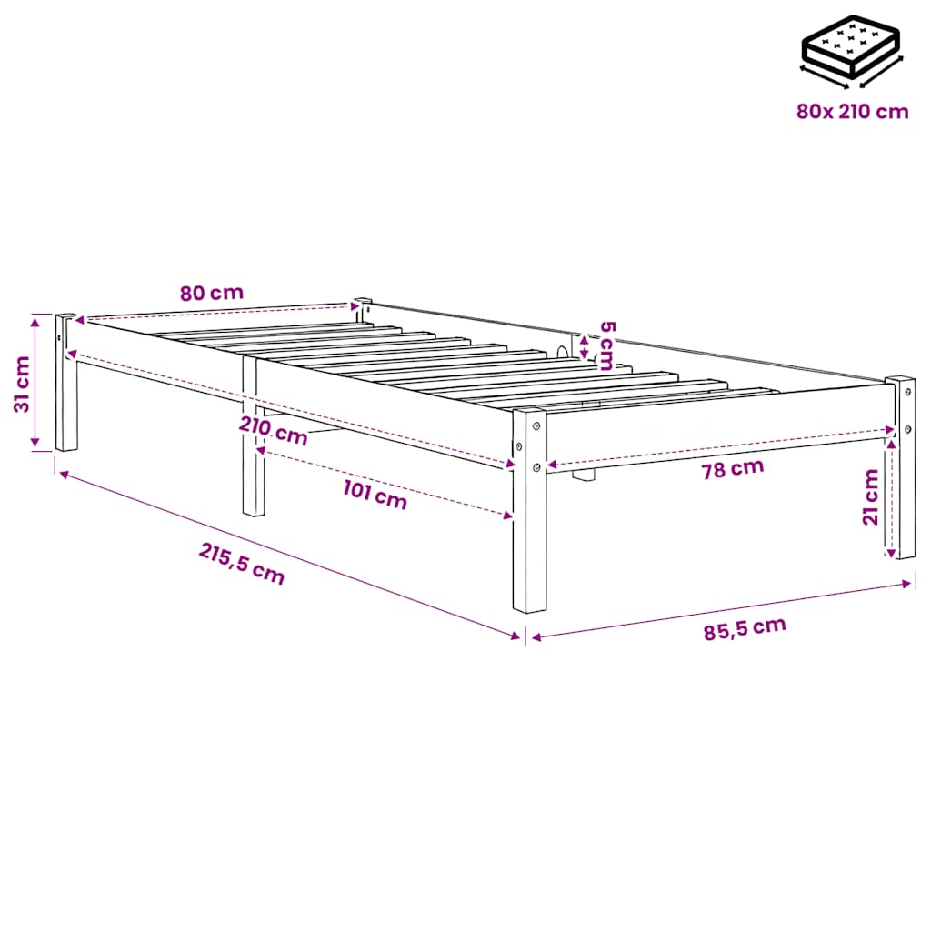 Letto Extra Lungo senza Materasso 80x200 cm in Legno di Pino