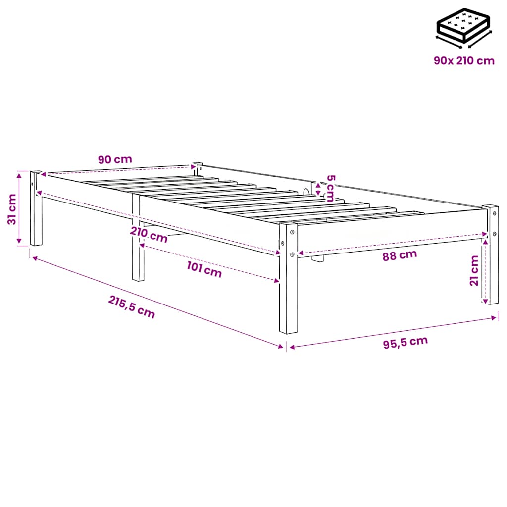 Letto Extra Lungo senza Materasso 90x210 cm in Legno di Pino